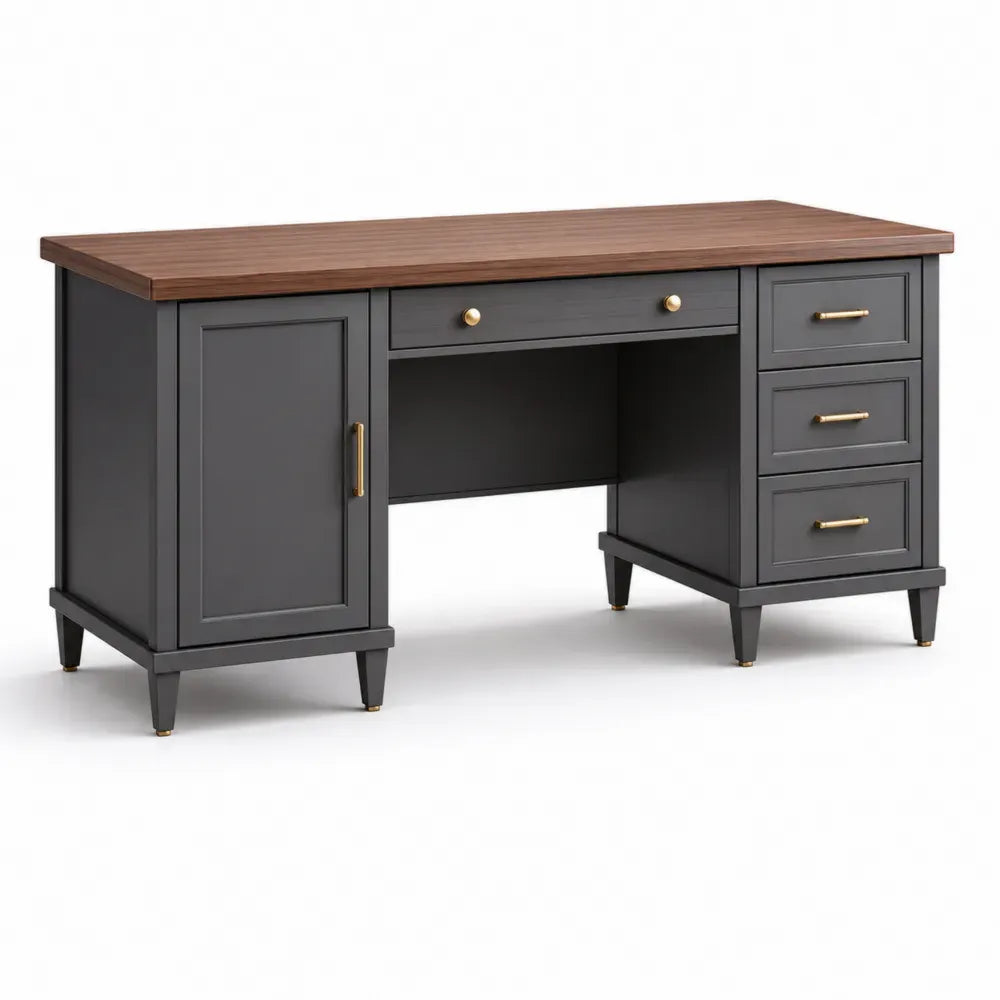 Schreibtisch Bürotisch rechteckig mit Tür 4 Schubladen MDF melaminbeschichteter Spanplatte Dunkelgrau Braun Messingfarben 150 x 60 x 76 cm