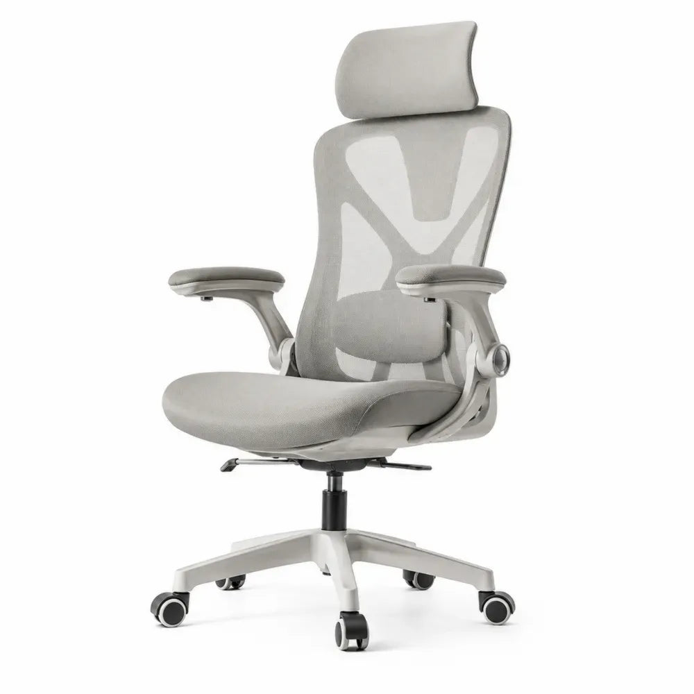 Bürostuhl Computerstuhl mit Kopfstütze Lendenstütze Mesh Rücken Armlehnen Rollen Grau Hellgrau 65 x 65 x 118 bis 128 cm