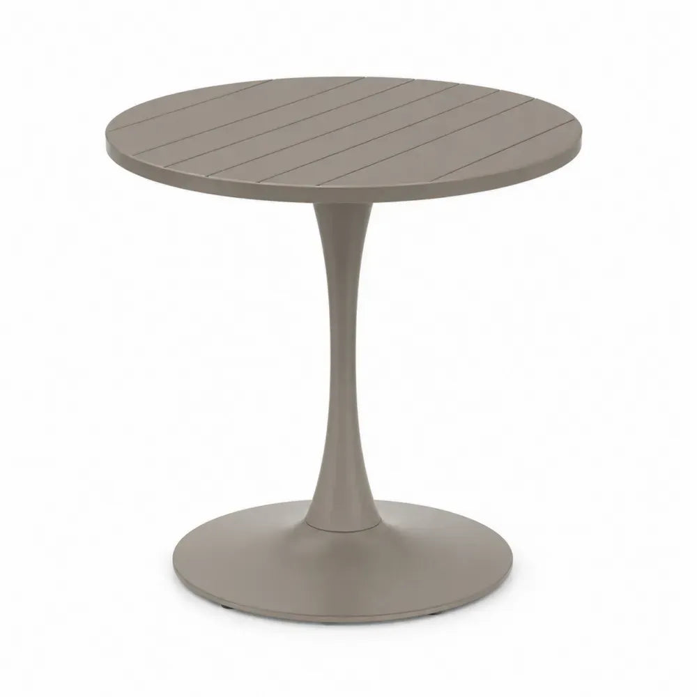 Gartentisch rund Ø 100 cm Höhe 74 cm Aluminium Taupe mit Lamellentischplatte und Tulpenfuß