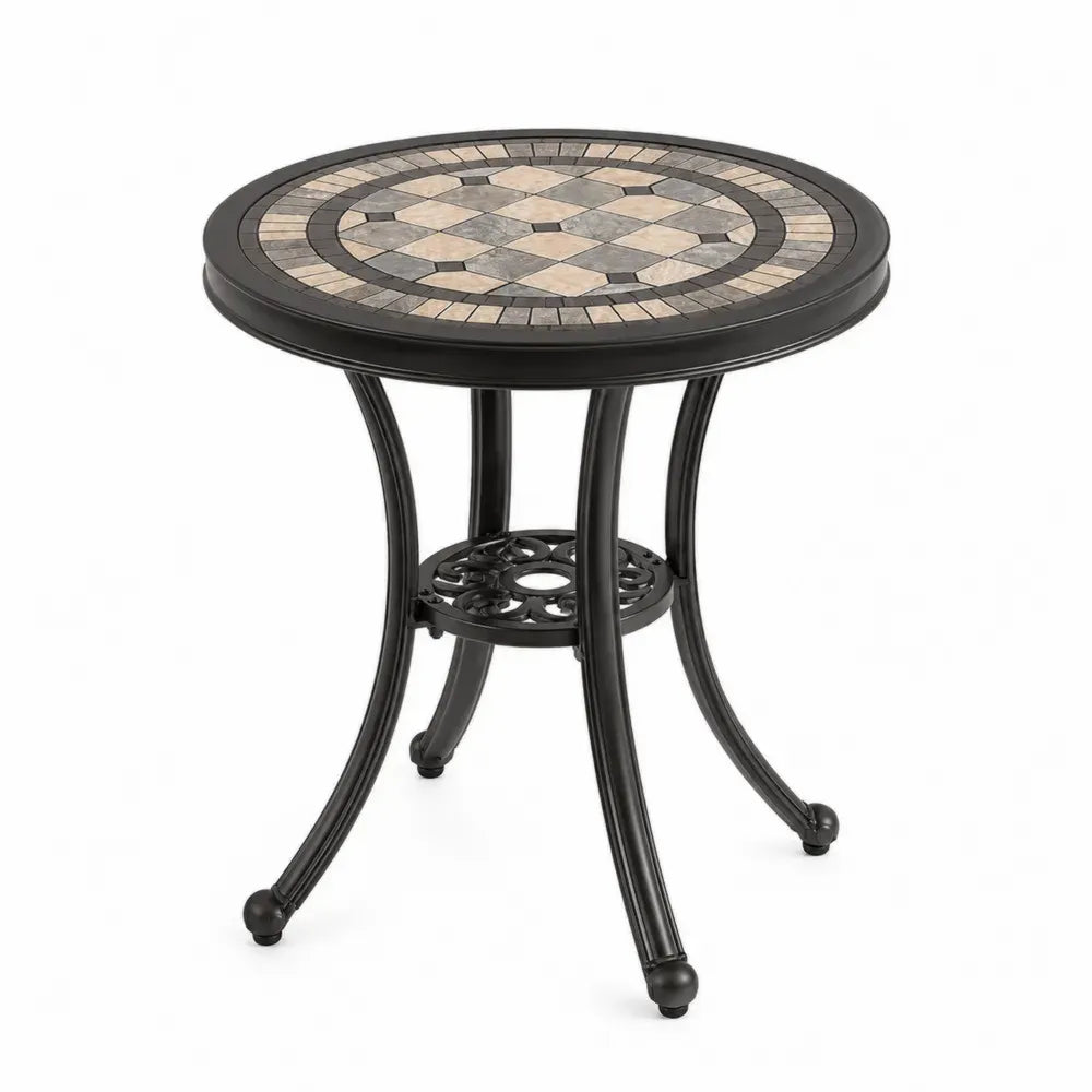 Gartentisch rund mit Keramik-Mosaik Tischplatte 60 x 60 x 70 cm pulverbeschichteter Stahl Schwarz Beige Grau Braun Anthrazit