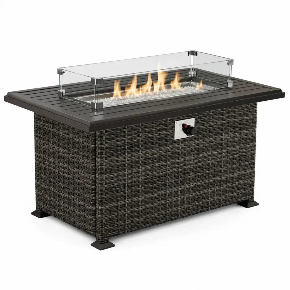 Gas-Feuertisch Gartentisch rechteckig mit Glas-Windschutz 110 x 60 x 68 cm PE-Rattan pulverbeschichtetes Aluminium Stahl Schwarz Dunkelgrau Transparent Silberfarben