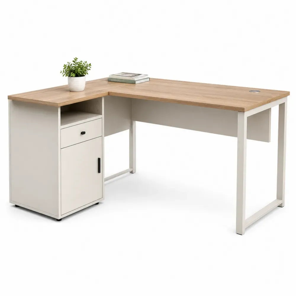 Eckschreibtisch L Form mit Schublade Tür Kabeldurchlass melaminbeschichteter Spanplatte Stahlrahmen Eiche hell Weiß 140 x 120 x 75 cm
