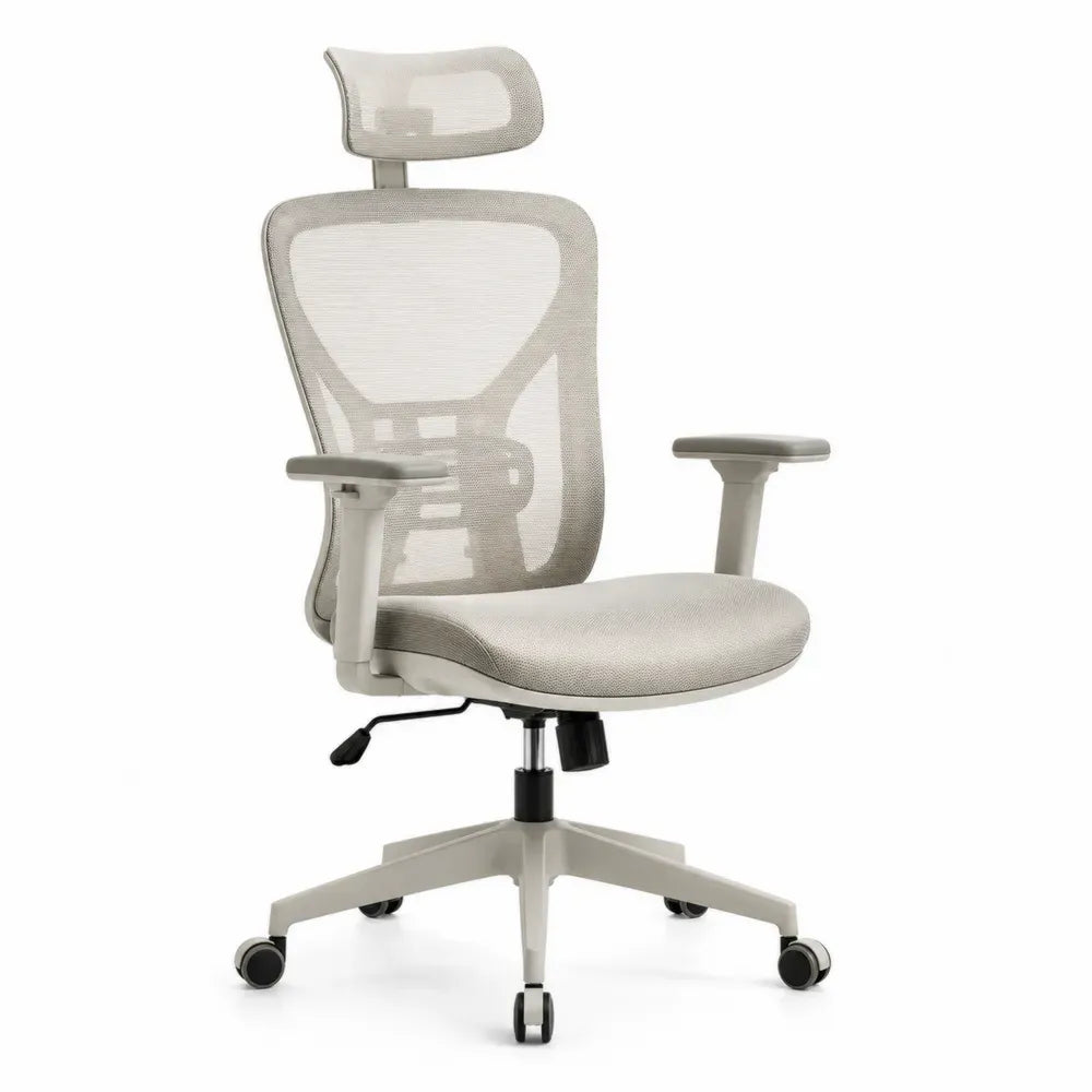 Bürostuhl Drehstuhl mit Kopfstütze Netzrücken höhenverstellbaren Armlehnen Rollen Polyester Mesh PP-Kunststoff Beige Graubeige Schwarz 64 x 64 x 115 bis 125 cm