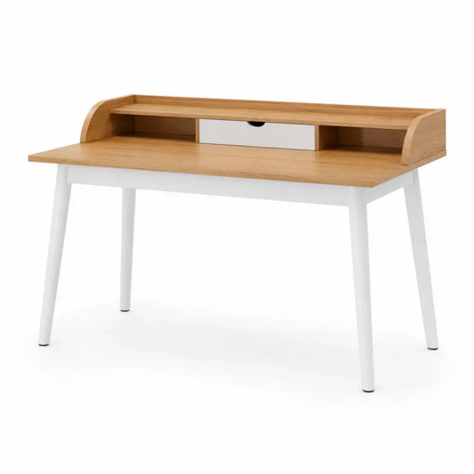 Schreibtisch mit Aufsatz Schublade rechteckiger MDF Tischplatte Stahlbeinen Eiche Natur Weiß 120 x 60 x 90 cm