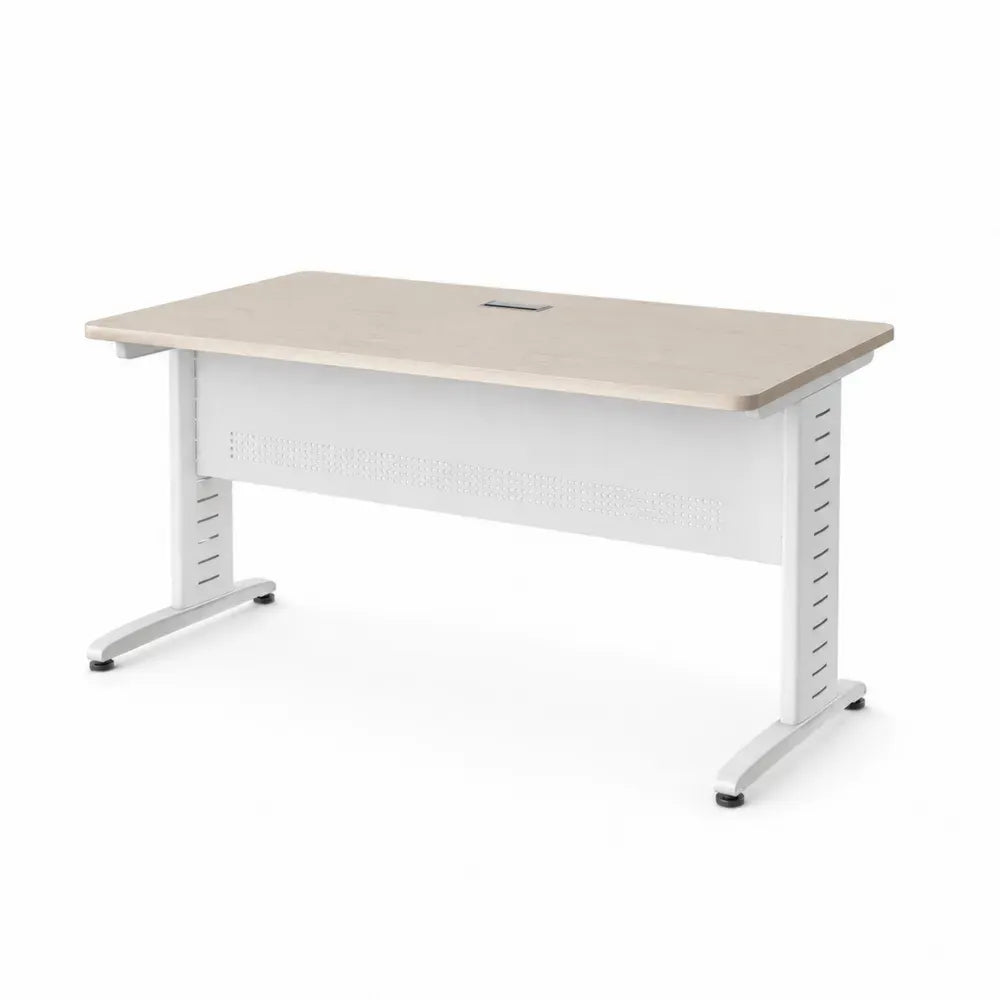 Schreibtisch rechteckig mit Kabeldurchlass melaminbeschichteter Spanplatte Stahlgestell Ahorn Weiß 140 x 70 x 75 cm