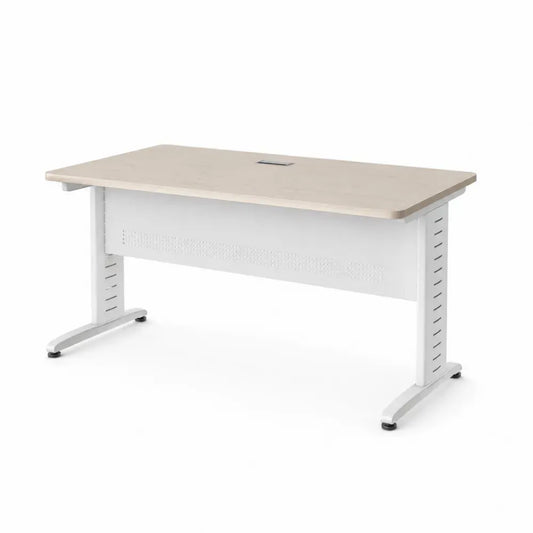 Schreibtisch rechteckig mit Kabeldurchlass melaminbeschichteter Spanplatte Stahlgestell Ahorn Weiß 140 x 70 x 75 cm