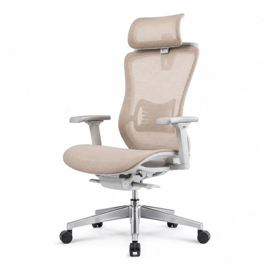 Bürostuhl mit Kopfstütze Lendenstütze Mesh Rücken Polyester Sitz Aluminiumfuß Beige Weiß 68 x 68 x 115 bis 125 cm