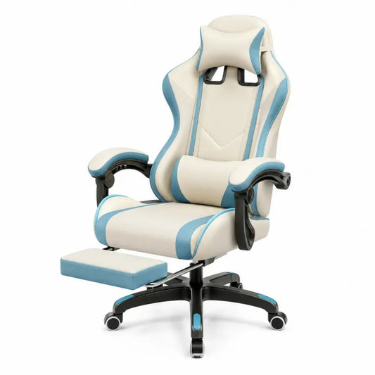 Gamingstuhl mit Fußstütze Kopfkissen Lendenkissen verstellbar PU-Kunstleder Stahl PP Cremeweiß Hellblau Schwarz 68 x 70 x 122 bis 132 cm