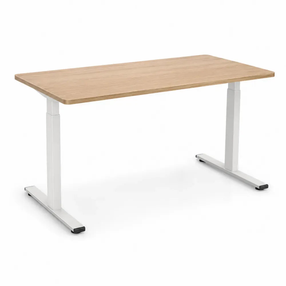 Höhenverstellbarer Schreibtisch rechteckig mit Spanplatte Eiche Dekor und weißem Stahlgestell Naturbraun Weiß 140 x 70 x 72 bis 118 cm