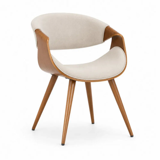 Esszimmerstuhl Schalenstuhl mit Armlehnen gebogener Sitzschale formgepresstes Sperrholz Polyesterbezug Beige Braun 58 x 57 x 78 cm