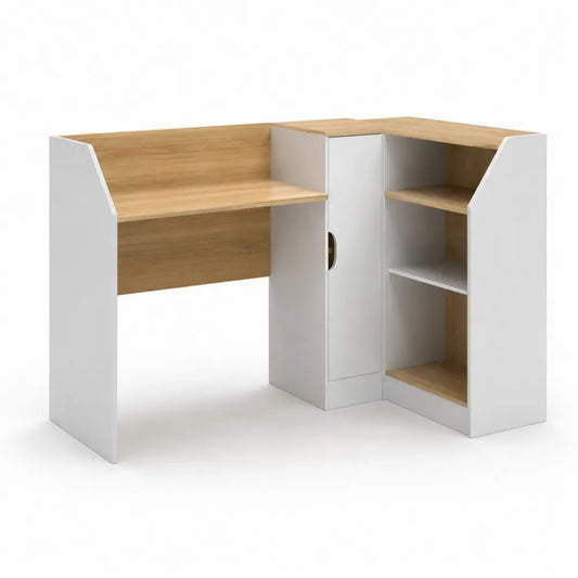 Eckschreibtisch L Form mit Regal Tür melaminbeschichteter Spanplatte Eiche Natur Weiß 120 x 100 x 92 cm
