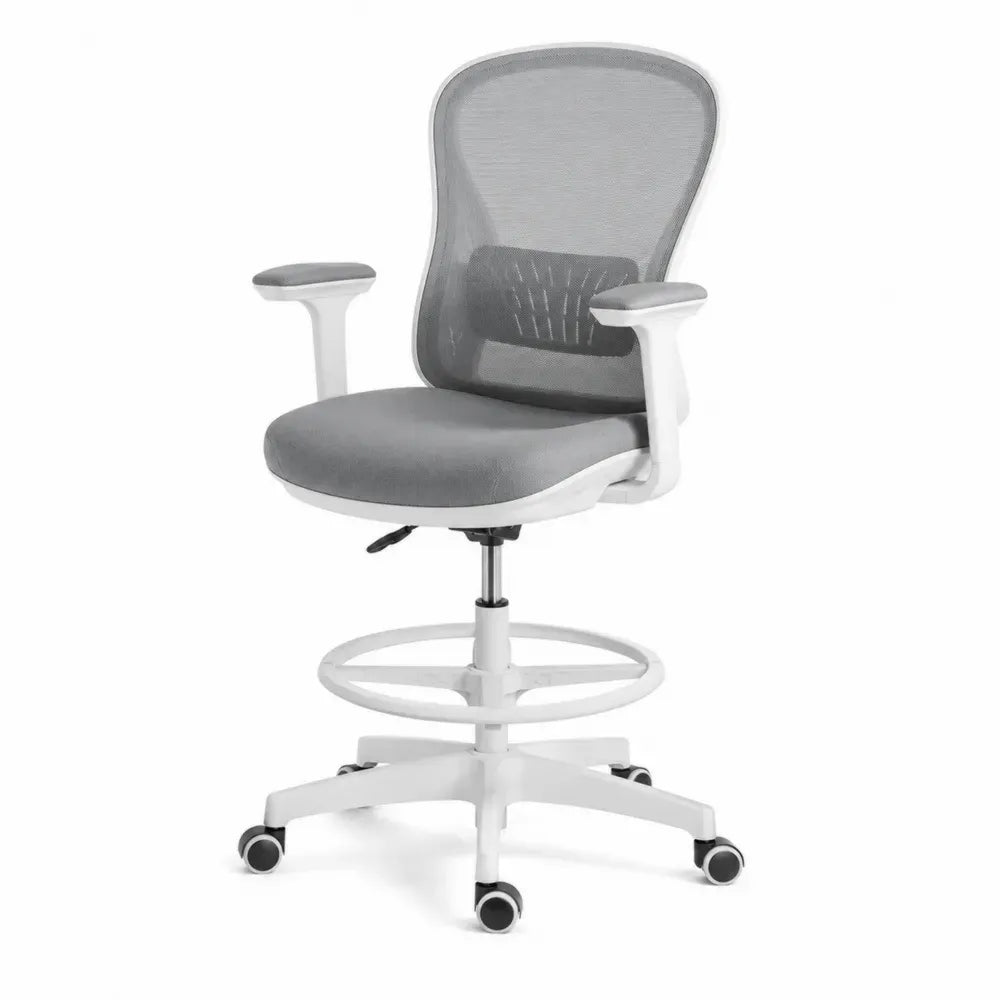 Bürostuhl Drehstuhl mit rundem Fußring Armlehnen Polyester Mesh PP Grau Weiß 65 x 65 x 105-125 cm