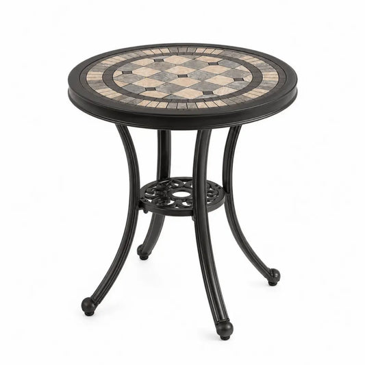 Gartentisch rund mit Keramik-Mosaik Tischplatte 60 x 60 x 70 cm pulverbeschichteter Stahl Schwarz Beige Grau Braun Anthrazit