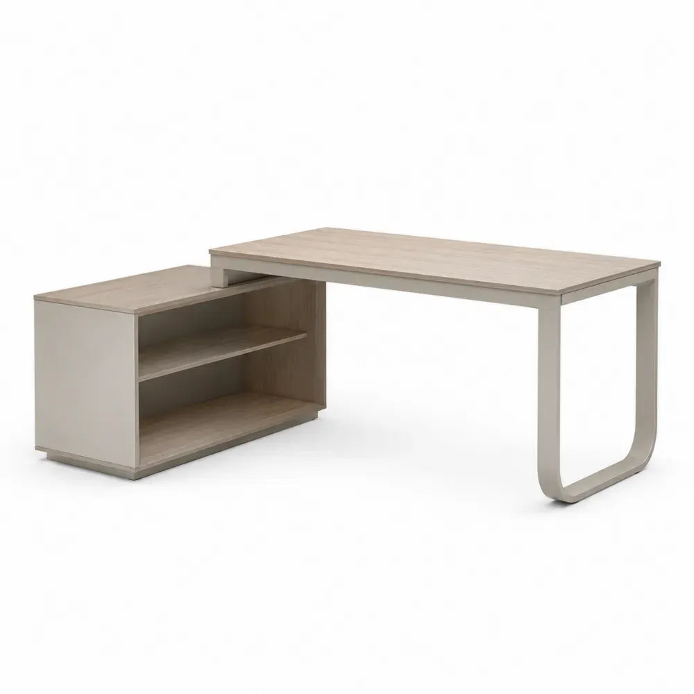 Schreibtisch L Form mit Regal rechteckig 160 x 120 x 75 cm aus melaminbeschichteter Spanplatte Eiche hell Greige