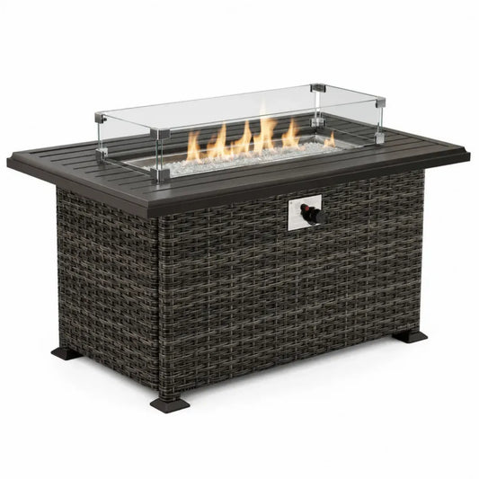 Gas-Feuertisch Gartentisch rechteckig mit Glas-Windschutz 110 x 60 x 68 cm PE-Rattan pulverbeschichtetes Aluminium Stahl Schwarz Dunkelgrau Transparent Silberfarben