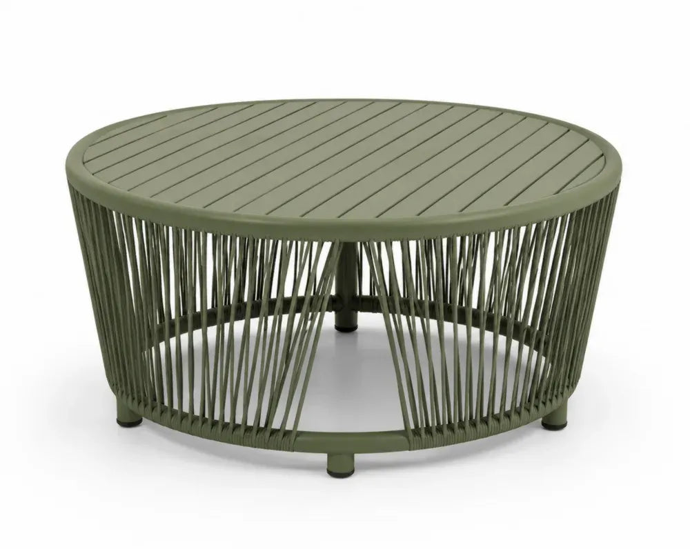 Gartentisch Couchtisch rund mit Lamellentischplatte 80 x 80 x 42 cm pulverbeschichtetes Aluminium Polyesterseil Olivgrün Schwarz