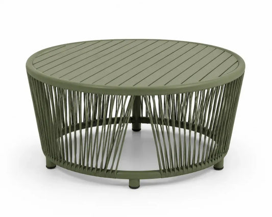 Gartentisch Couchtisch rund mit Lamellentischplatte 80 x 80 x 42 cm pulverbeschichtetes Aluminium Polyesterseil Olivgrün Schwarz