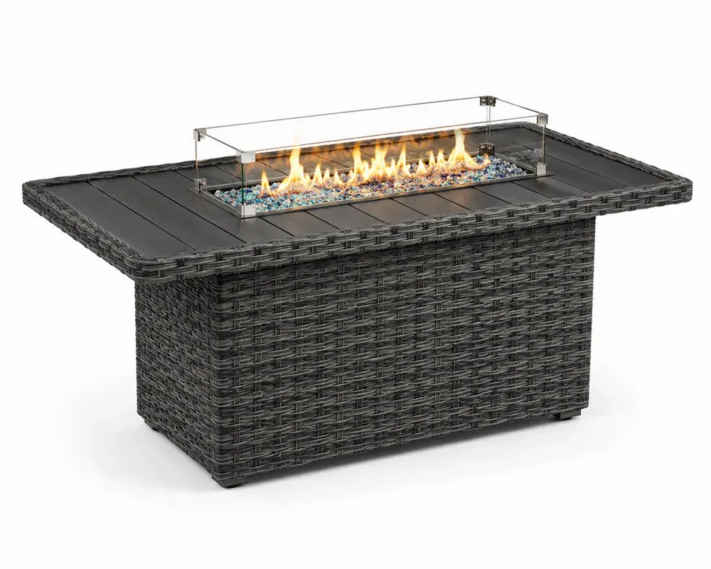 Gaskamin Feuertisch rechteckig 132 x 80 x 68 cm PE Rattan Aluminium Edelstahl Schwarz Dunkelgrau