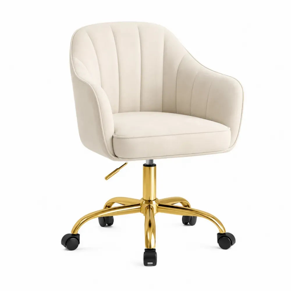 Bürostuhl Drehstuhl mit Armlehnen Rollen höhenverstellbar Polyester Samt Creme Goldfarben 62 x 61 x 82-92 cm